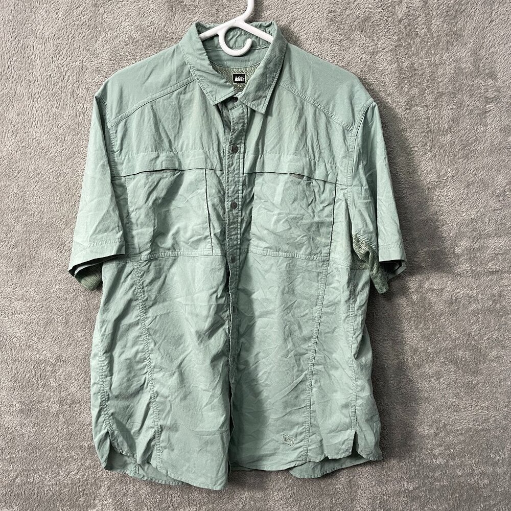 REI Sahara Shirt XL Short Sleeve Mint Green Vented Hiking‎ Fishing EUC Outdoor